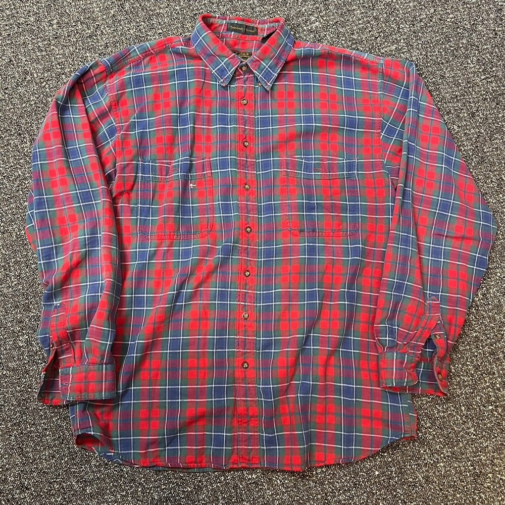 Vintage Eddie Bauer 1990s All Cotton Flannel 100% Red Plaid Button Down Shirt Xl